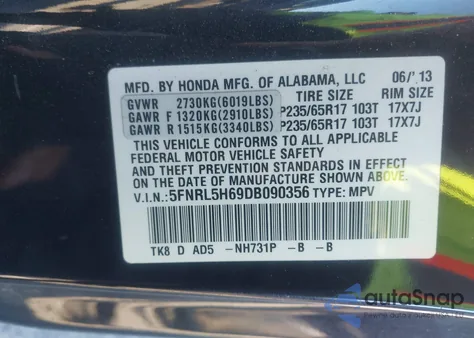 2013 Honda Odyssey Ex-L from USA, damaged, VIN 5FNRL5H69DB090356